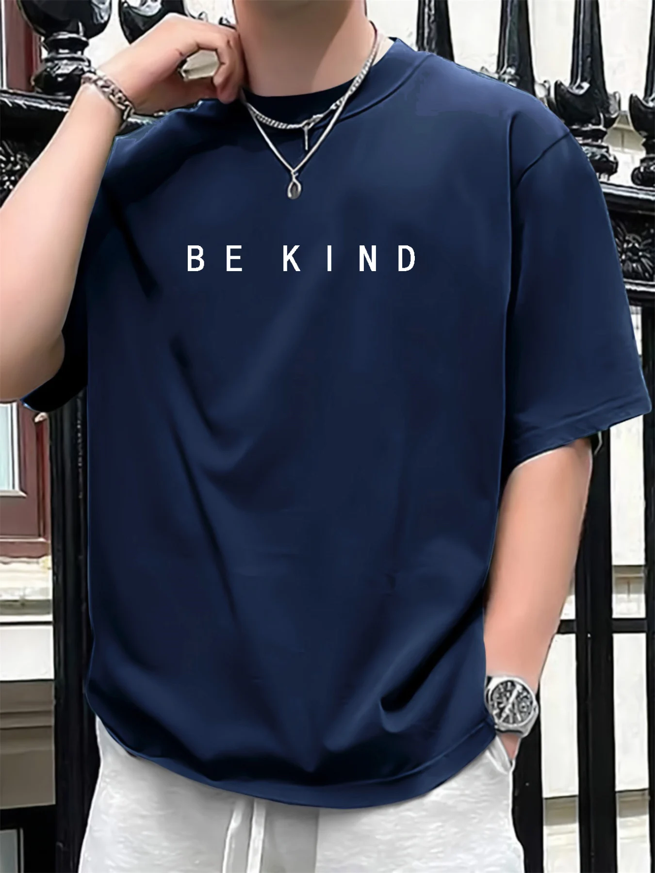 Einfache Männer 100 Baumwolle Sommer Mode lässig lose BE KIND Brief drucken Sport Rundhals Kurzarm T-Shirt Top 2025 – Detail 33