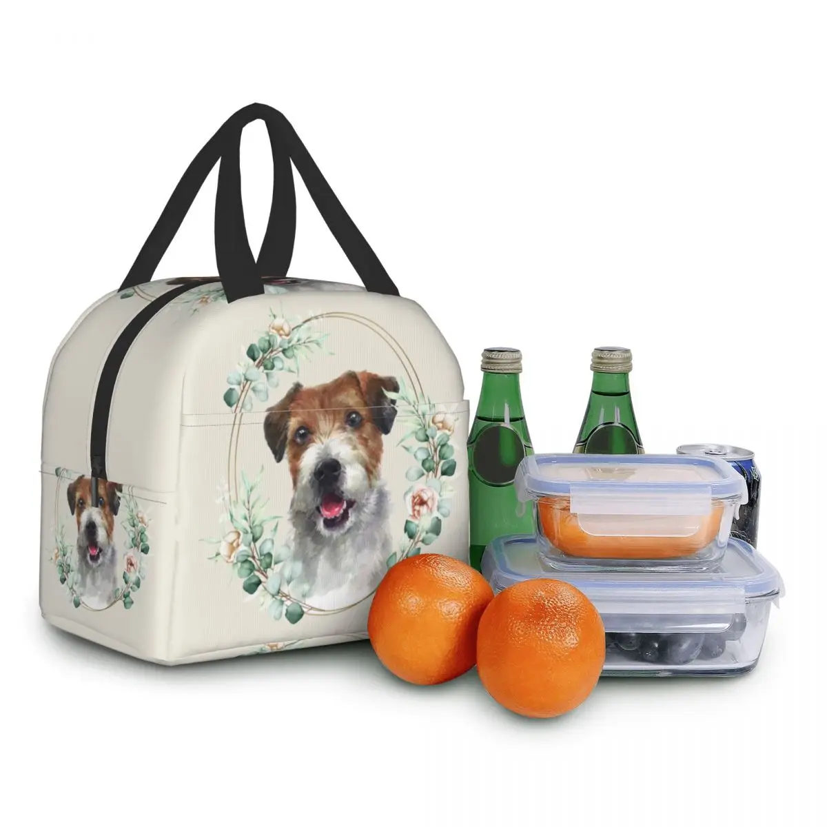 Jack Russell Terrier Dog In Floral Insulated Lunch Bag for Women Resuable Pet Lover Cooler Thermal Lunch Box Picnic Travel Bags