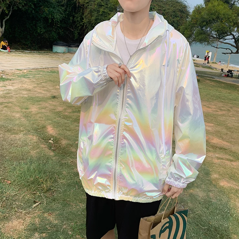

Rainbow Colorful Reflect Light Men Jackets Summer Thin Sun Protection Hooded Coat Night Club Party Y2K Hippie Rock Streetwear