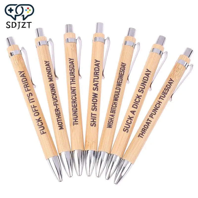 

2023 7Pcs Engraved Pens Funny 7 Day Pens For Sarcastic Souls Wood Engraving Retractable Bamboo Stationery Pen Gift For Birthday