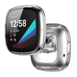 Ultra-Thin Tempered Glass Screen Protector with Full Cover Bumper Shell for Fitbit Versa 3 (Clear)