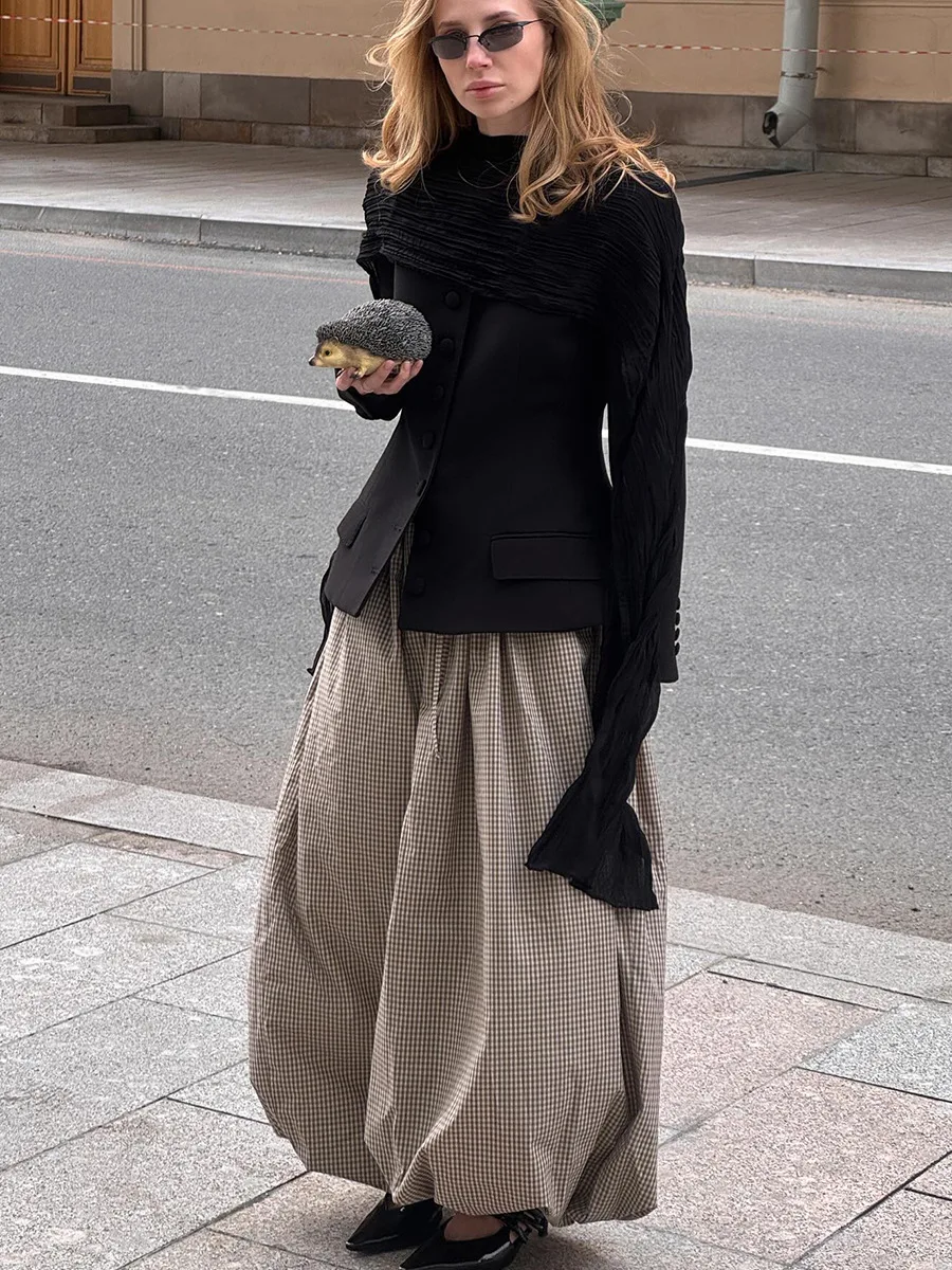 Bornladies Women's New Retro Brown Lantern Pants High Waist Trendy Loose Fit Plaid Spring Summer Fashion Trousers