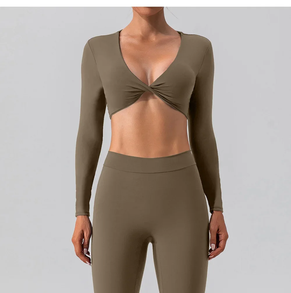 

Long Sleeve Yoga Tops Sexy Dancing Shirts Cropped Top Women Workout Slim T-shirts Gym Clothing Spandex Active Wear Nude Fabric