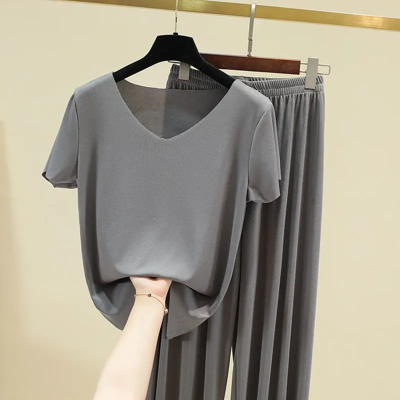 Sommer frauen Hosen Anzug Lose Ice Silk Kühlen Dünne Top Breite Bein Hosen Homewear Casual Einfache Sexy Pjs frauen Pyjamas Nachtwäsche – Detail 15