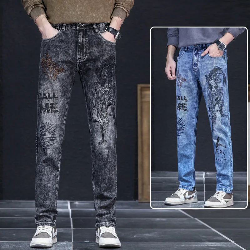 

Men's Spring and Autumn Elastic Jeans New Pocket Embroidered Long Pants Fashion Slim Fit Straight Leg Casual Men's Pants
