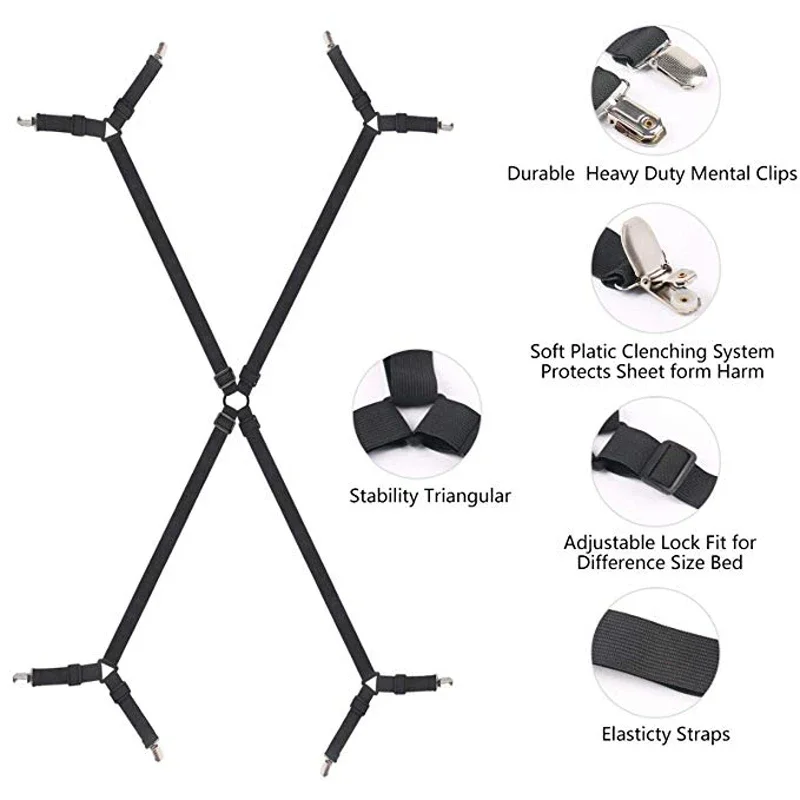 1 Set Adjustable Bed Suspenders Sheet Fastener Straps Clippers Clips Holder Kit Gripper Fitted Crisscross Bed Sheet Holder 3