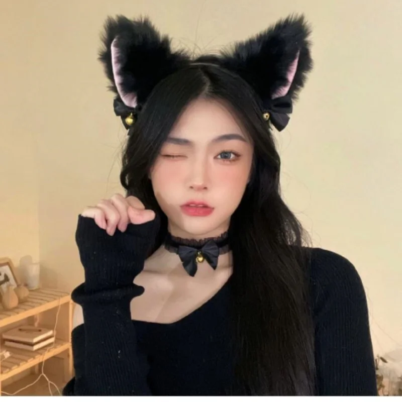 Hair Headband Fox Cat Ears Fur Headband Hoops Lace Bell Bow Necklace Plush Hairband Halloween Cosplay Props Headwear Christmas Party Gifts