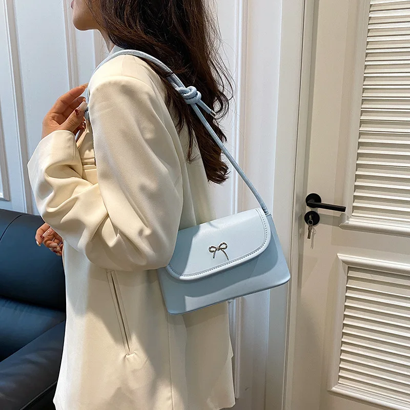 New Solid Color Underarm Bag Purse Women Hot Girls Sweet Cute Bow PU Leather Bags Female Vintage Y2k Messenger Bag