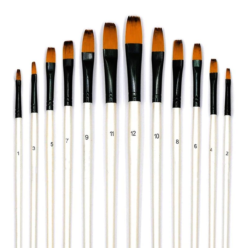 Professional Art Paint Brushes Set 12pcs Nylon Flat Paint Brush for Watercolor Oil Acrylic Face Body Nail Rock Painting Acrylic
