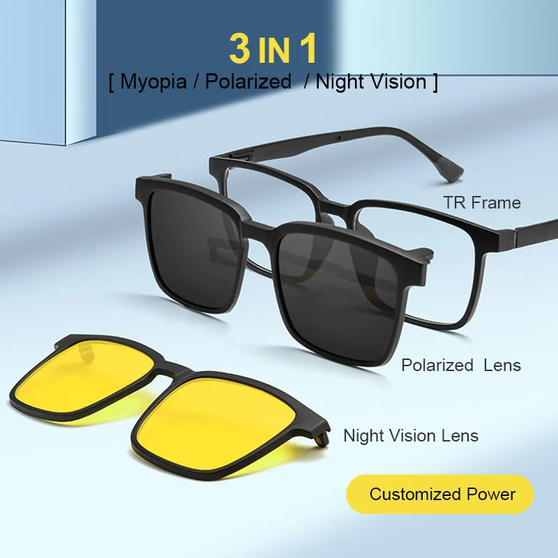 

3 in 1 Ultralight Optical TR90 Glasses Frame Men Night Vision Polarized Sunglasses with 2PCS Magnetic Adsorption Clip Lens
