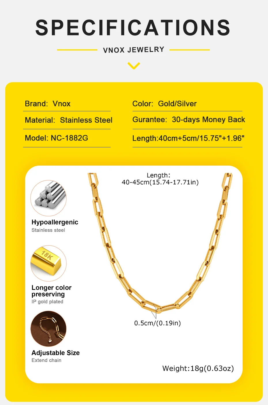 Vnox Edelstahl-Halskette mit rechteckiger Gliederkette, goldfarbene Gliederkette für Herren und Damen im Punk-Stil, neues Büroklammer-Kettenhalsband – Detail 7