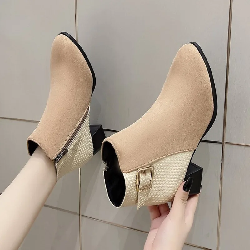 

Новинка, короткие ботинки на толстом каблуке, осенне-зимние ботинки на высоком каблуке, женская обувь, женские ботинки, хлопковая обувь с острым носком