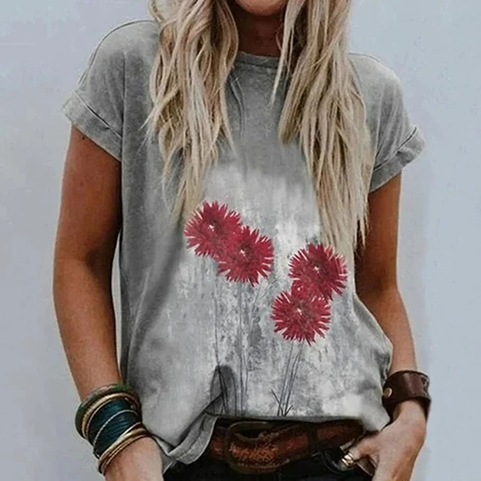 Women's Summer T-Shirt Vintage Flower Printed Short Sleeve Tops Tees Female Casual Round Neck Oversized Blouses Tshirt Plus Size |