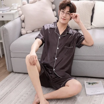 새로운 잠옷 남성 여름 실크 반팔 반바지 시뮬레이션 실크 얇은 섹션 캐주얼 솔리드 컬러 홈 청소년 소년 가정 의류