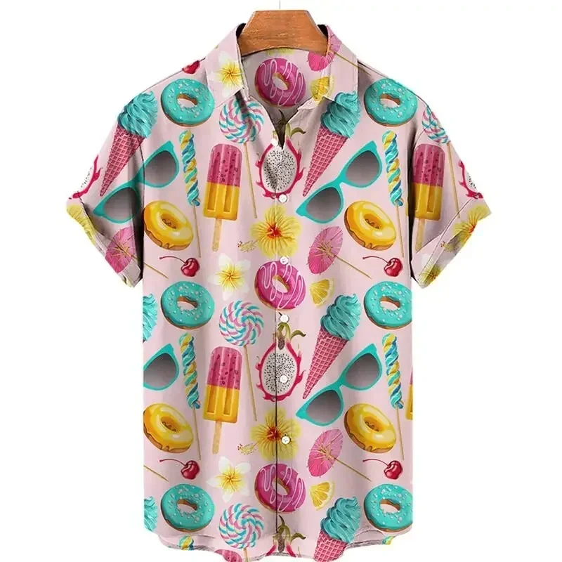 thumbnail image 1 of Camisas de helado divertidas con estampado 3D para hombre, camisas de playa de talla grande de manga corta de verano, blusas hawaianas con solapa para vacaciones, ropa para hombre, 1 of 4