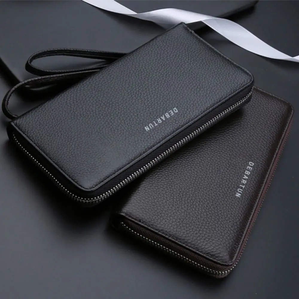 New PU Leather Men Long Wallet Zipper Solid Color Phone Bag Large Capacity Card Holder
