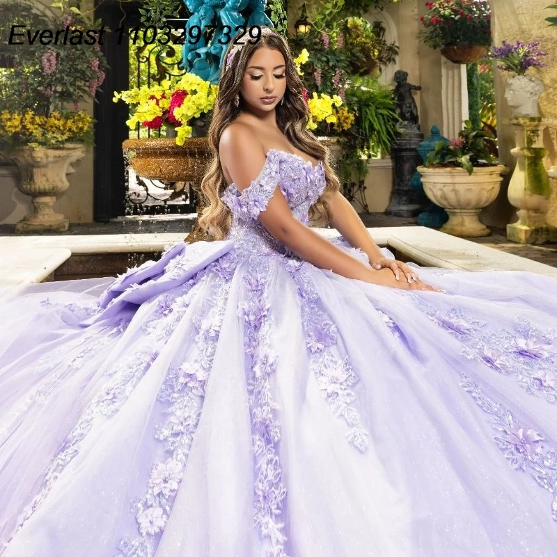 Quinceanera Dress Ball Gown Shiny Lavender Floral Applique Beading Long Sleeve Corset Sweet 16