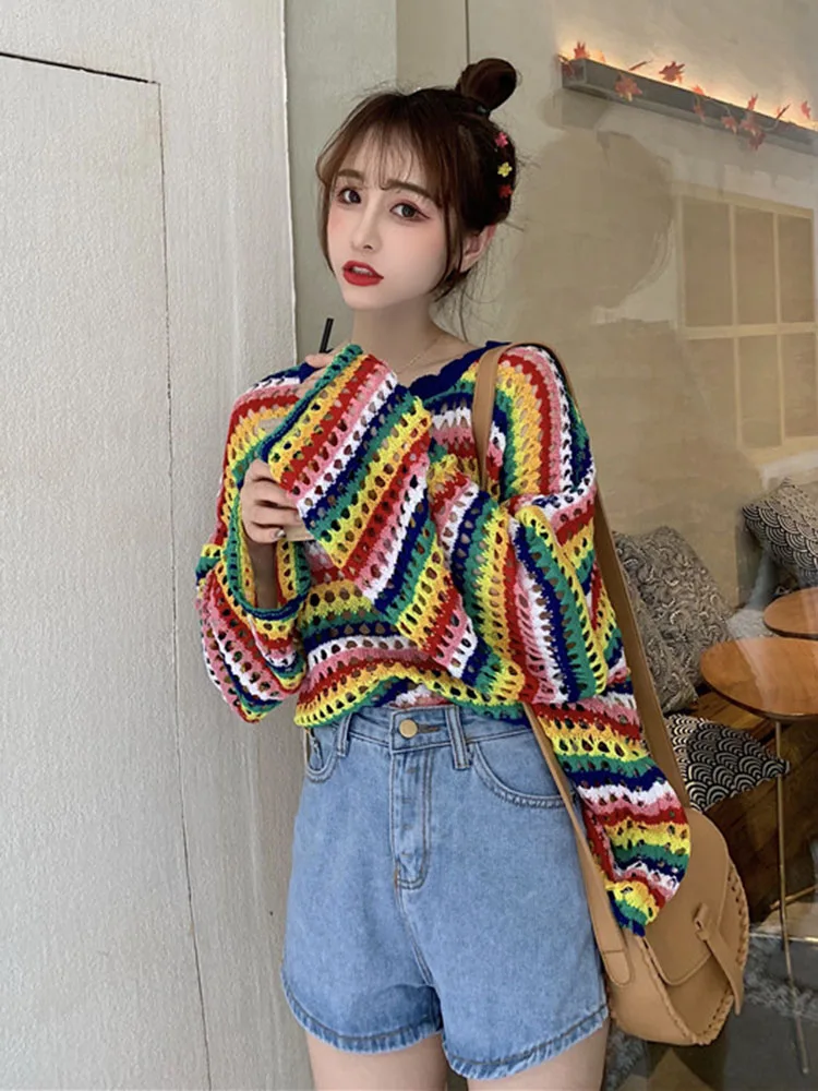 

Women Autumn Sweater Lazy Style Long Sleeved Sweater for Design Sense Niche Rainbow Striped Hollowed Out Knit Top D5013
