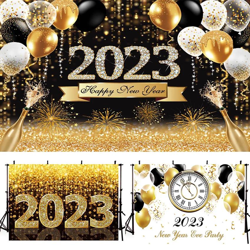 

Mehofond New Year Backdrop 2023 Glitter Golden Champagne Balloon Firework Clock Party Background for Photography Photocall