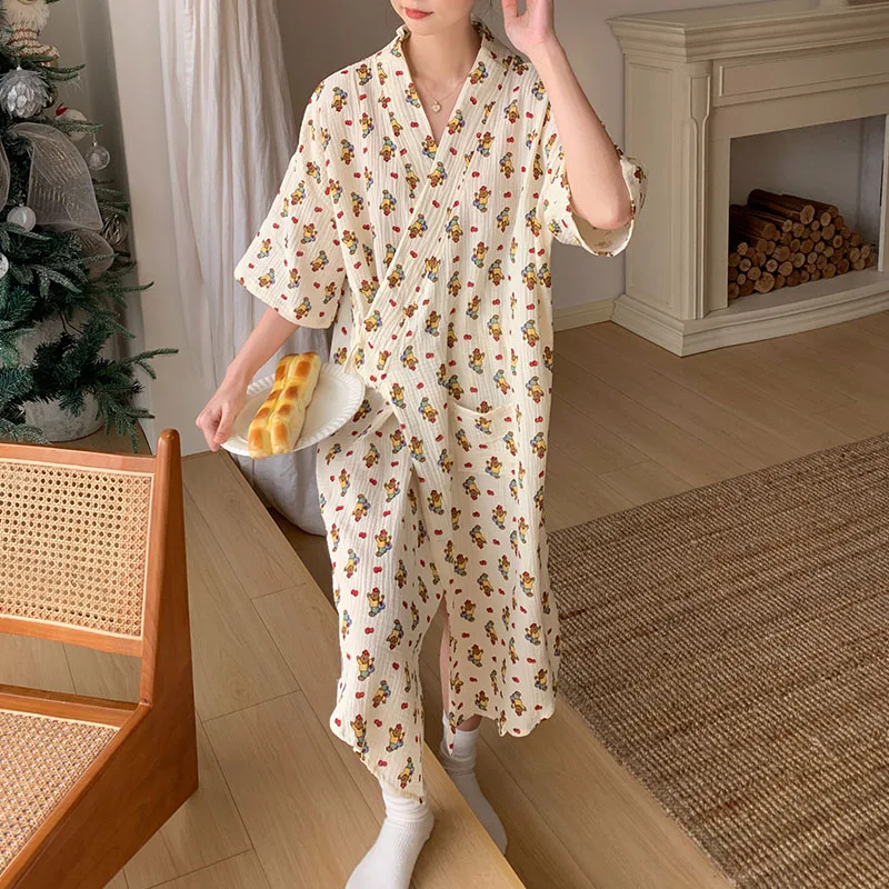 Summer Cardigan Half Sleeved Night-Robe For Women 2024 New Cotton Gauze Loose Fitting Bathrobe Printed Lace-up Home Nightdress