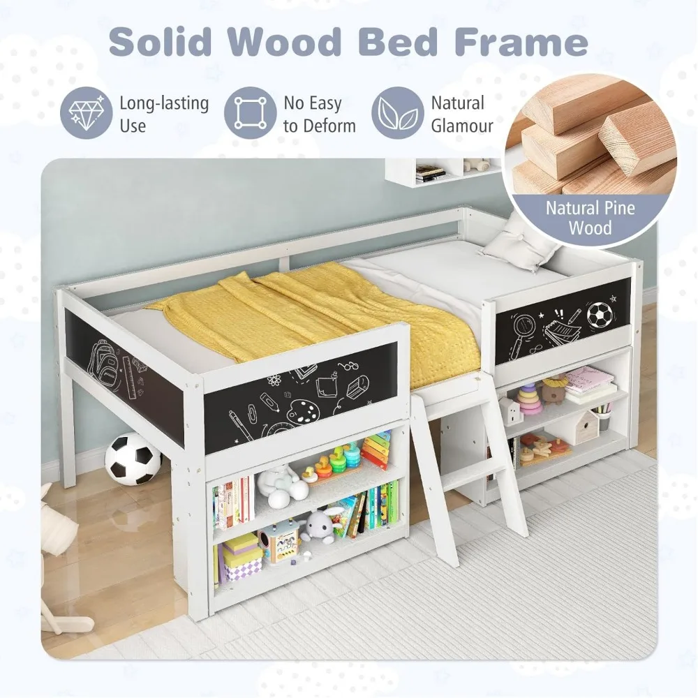 Children Beds, Low Loft Twin Size, Wooden Loft Bed with Ladder Blackboard, 2-Step Ladder, 4 Chalkboards, 2 Moveable Bookcases 5