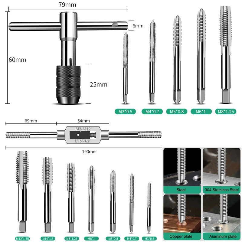 PERADOタップ H・M・S・SS　各１個セット 6/8 PCS Manual Tap Wrench Set HSS Right Tapping Drill Bit