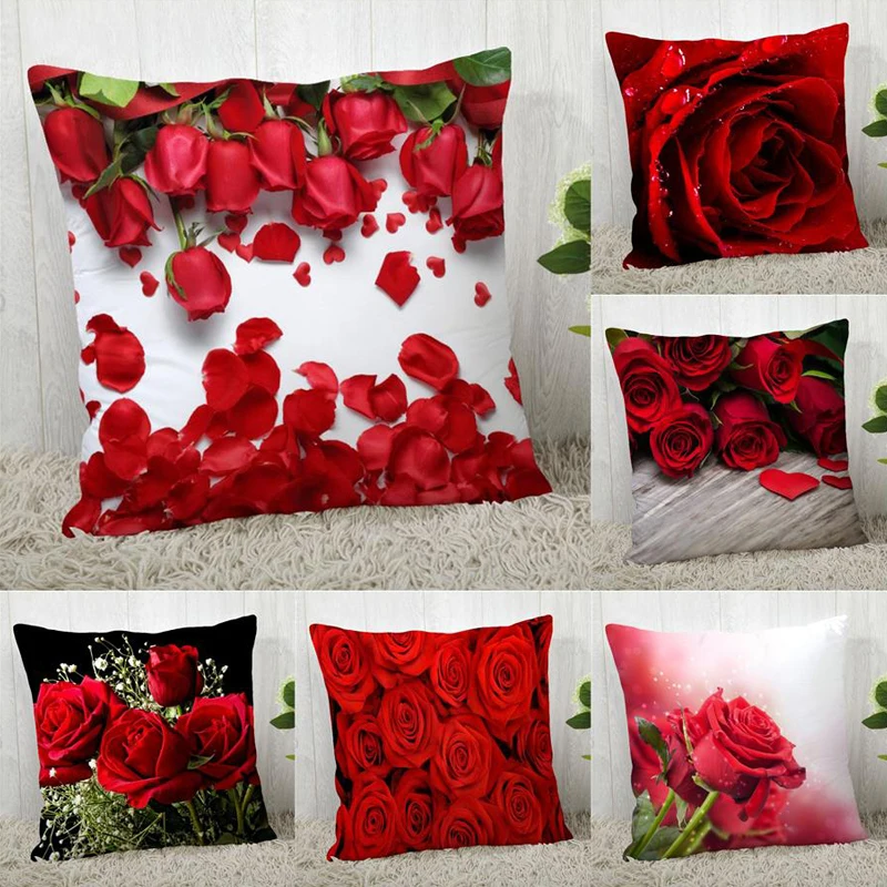 Fodera Per Cuscino Con Fiore Di Rosa Rossa Decorazione Per La Casa Di Nozze Fodera Per Cuscino Per Coppia Quadrata 45X45Cm Federa Con Stampe Di Rosa R