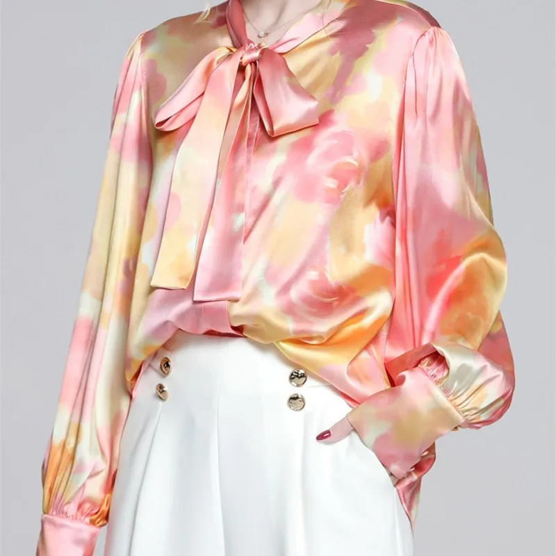 Floral Satin Ribbon Silk Lantern Sleeve Shirt Sense Top Female