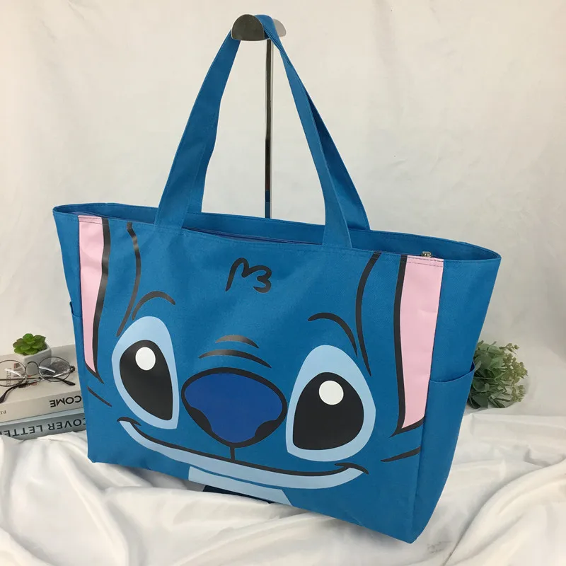 Disney Cartoon Stitch Oxford Cloth Folding Shopping Bag Oversized Zipper Tote Bag Folding Large Capacity Travel Bag Women Supply