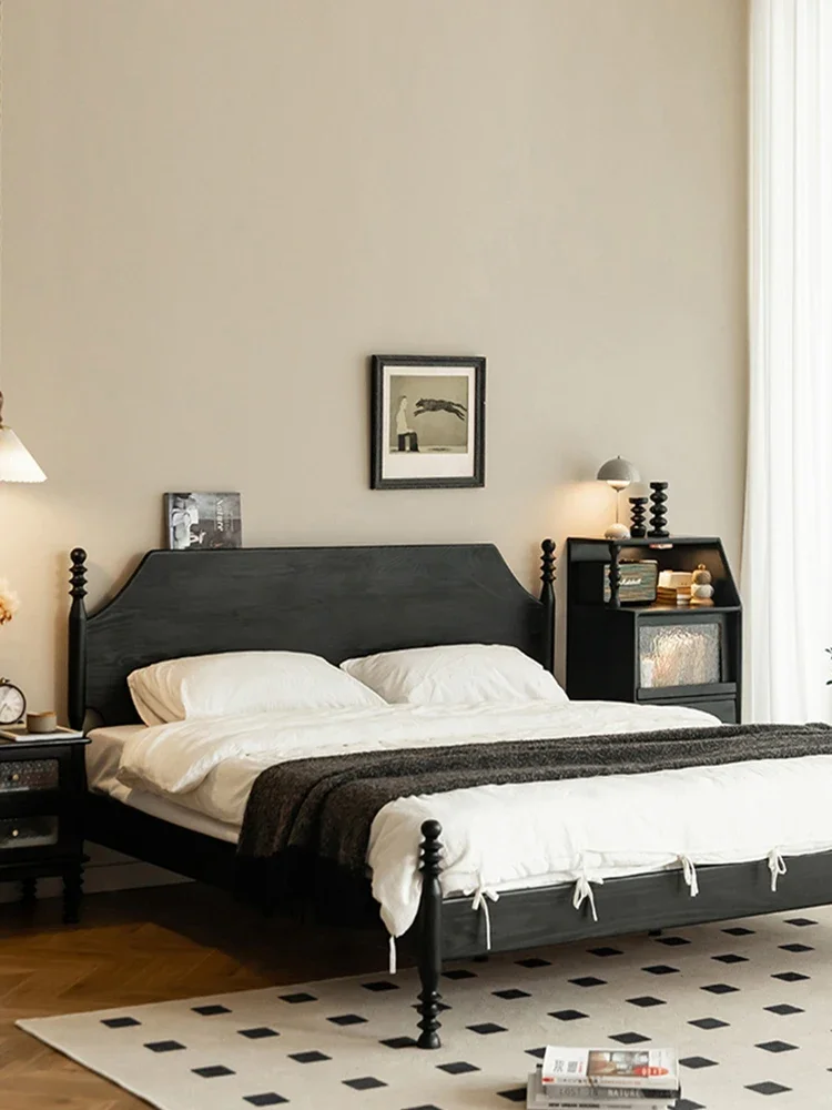 

Customized Nordic black walnut solid wood double bed 1.8m American vintage all solid wood red oak black big bed wedding bed