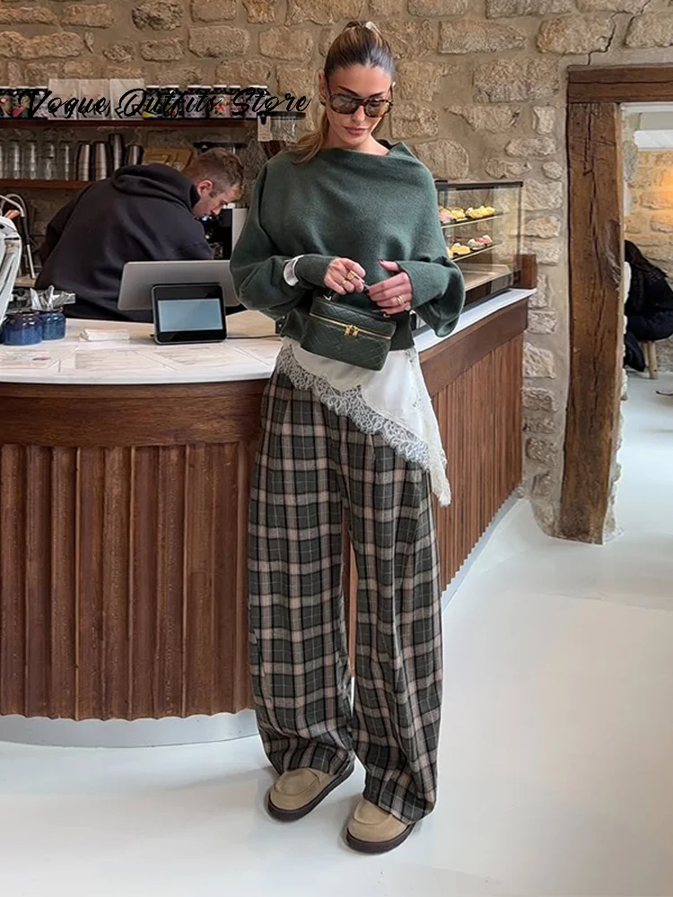 Fashion Green Plaid Pant Women Loose Pleated High Waist Pockets Wide Leg Pants 2026 Spring Lady Casual All-match Trousers New