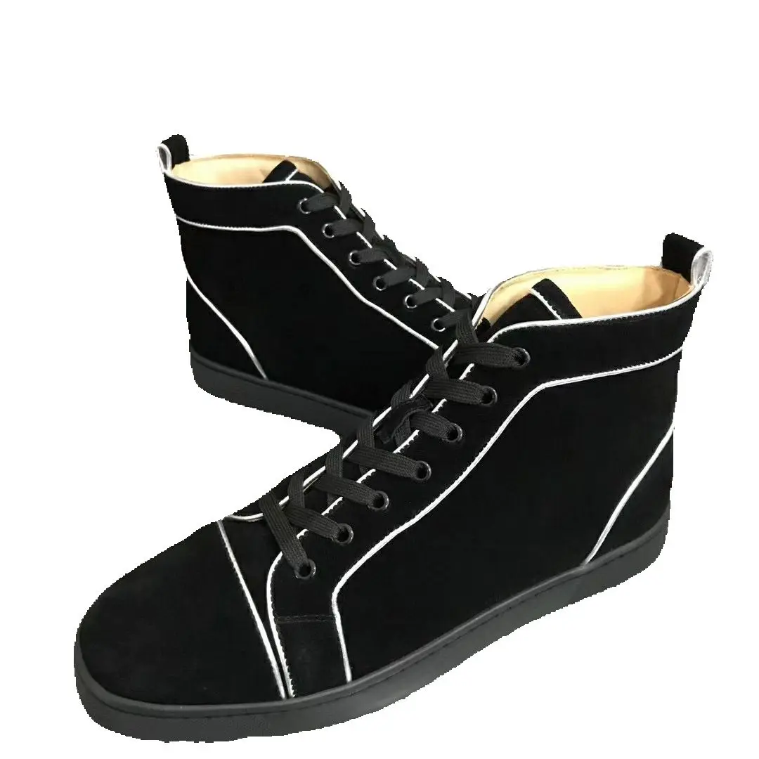 

Designer Couple Luxury High Top Men's Trainers Driving Spiked Black Suede Genuine Leather Wedding No Rivets Flats Sneakers Shoes
