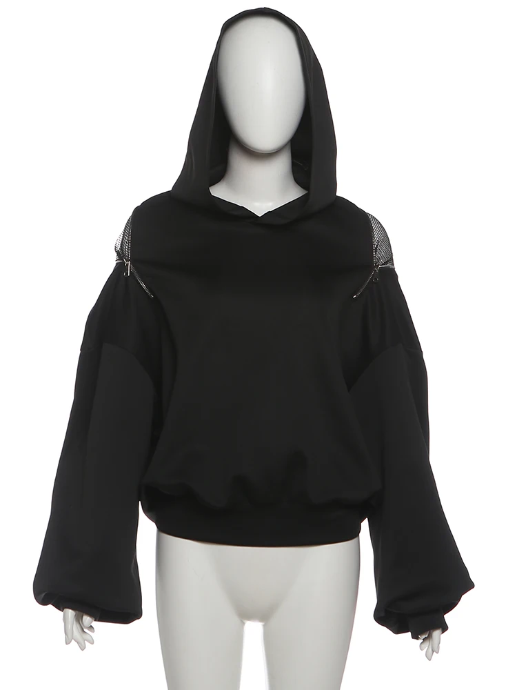 Nibber Backless Hooded Pullover Woman Zip Mesh Patchwork Design Full Sleeve High Street Casual Fashion Simple Style Classic Tops