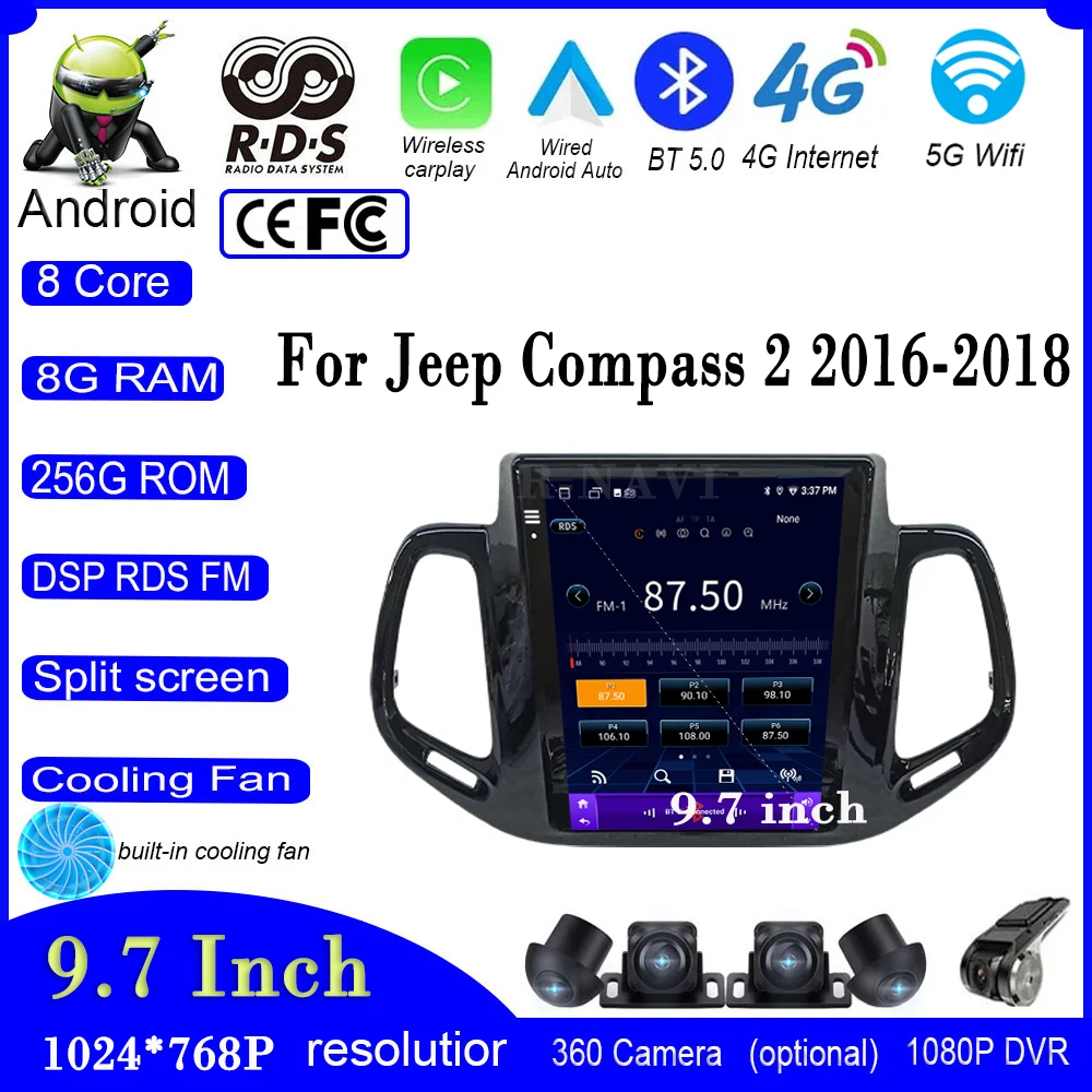 

Автомобильный экран 9,7 дюйма для Jeep Compass 2 2016-2018 Android 13 DSP IPS радио мультимедиа GPS навигатор плеер RDS видео Carplay