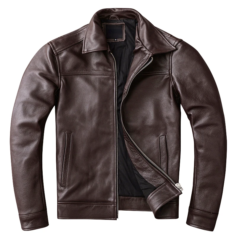 Men Real Cowhide Leather Jacket Slim Spring Autumn Asian Size 6XL