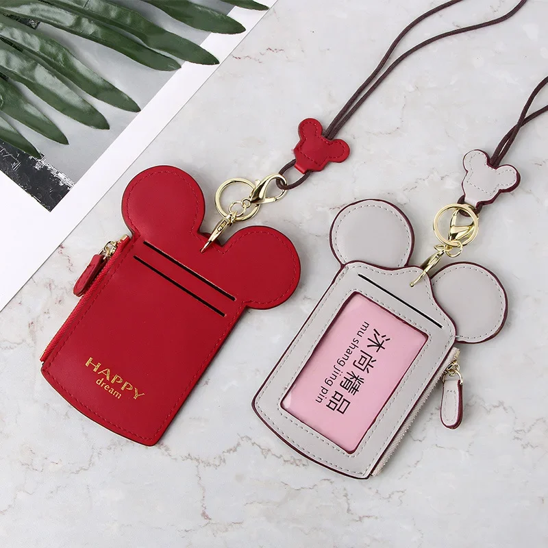 Disney cartoon card ID storage bus holder case Mickey Mouse card work certificate lanyard purse coin wallet