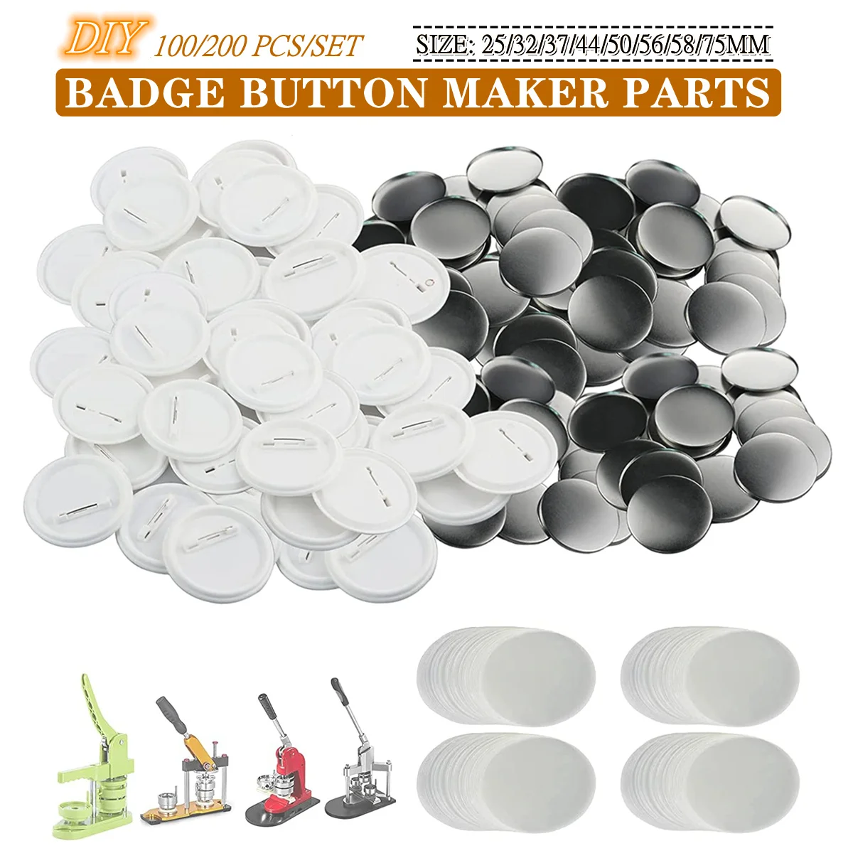 Badge Parts Blank Badge Pin Button Maker 25/32/37/44/50/56/58/75MM for Button Maker Machine Supplies DIY Badges Set 100/200 Pcs