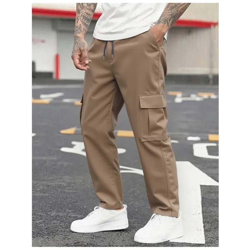 New men's overalls multi-pocket loose men draw rope solid color outdoor hiking overalls 4