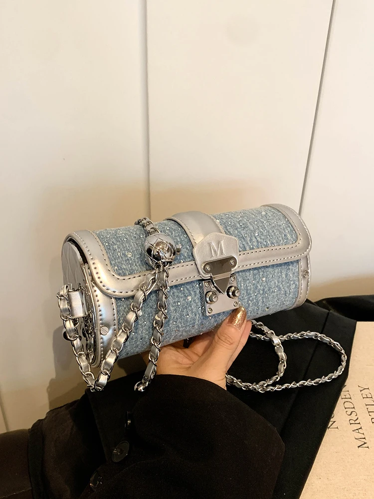 

Джинсовый клатч в форме бочонка, сумки через плечо для женщин, сумка и кошельки, новинка 2024, женские сумки-мессенджеры, модные дизайнерские сумки