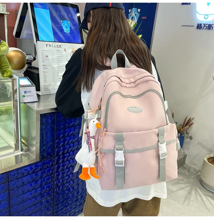 New High School Harajuku Double Buckle Women Backpack School Bags Teenage Girls Kawaii Backpack Waterproof Student Bag Mochila