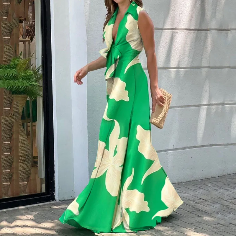 

Spring Women Jumpsuit Summer Fashion V Neck Sleeveless Lapel Floral Print Lace Up Loose Wide Legs Pants Romper High Streetwear