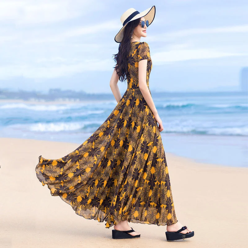 

Chiffon Dress Female 2023 Summer New Print Style V-Neck Slim Fit Beach Vacation Big Swing Long Dress Women Temperament Leisure