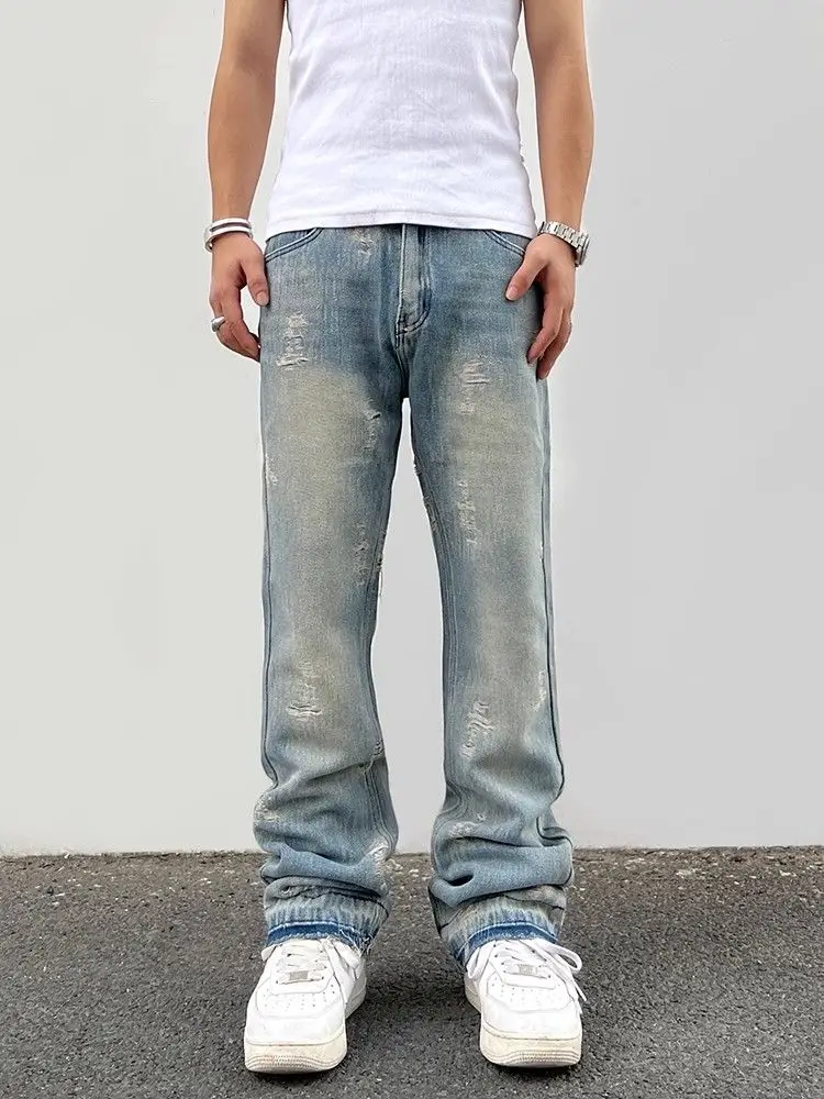 High street retro distressed rough edge straight leg jeans with loose washed micro flared versatile long pants jeans men
