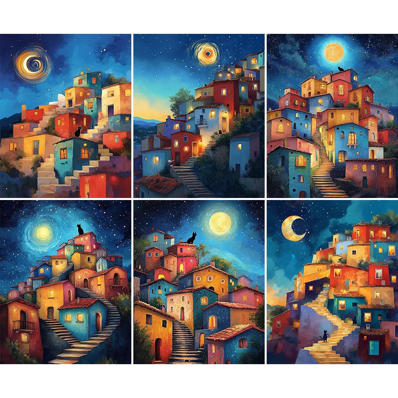 Painting By Numbers Moonlight Houses and Cat Anniversary gift on Digital Painting Canvas Acrylic Paint Image Digital Coloring