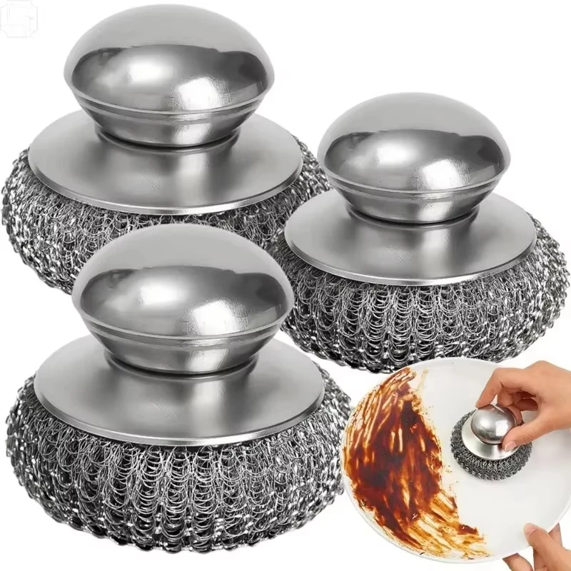 Cepillo de Acero Inoxidable con Mango y Bola Metálica Resistente para Lavar Platos, 1-10 Piezas, Limpiador y Purificador de Metal para Cocina