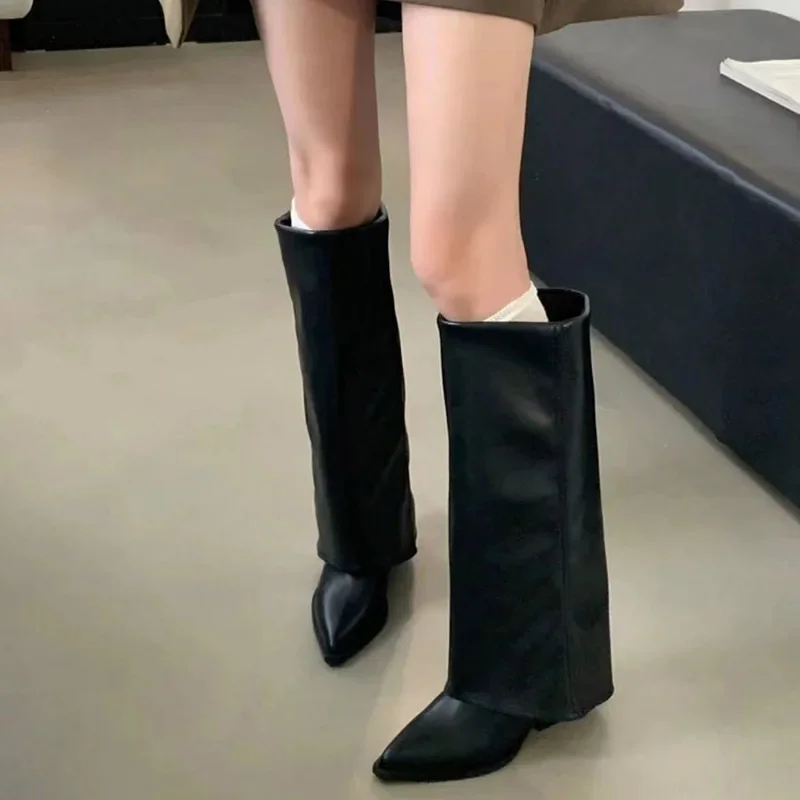 Chunk Leather High Boots Women Knee High Pointer Toe Heels Shoes Woman Trend Chelsea Boots New Pumps Mujer Snow Gladiator Botas