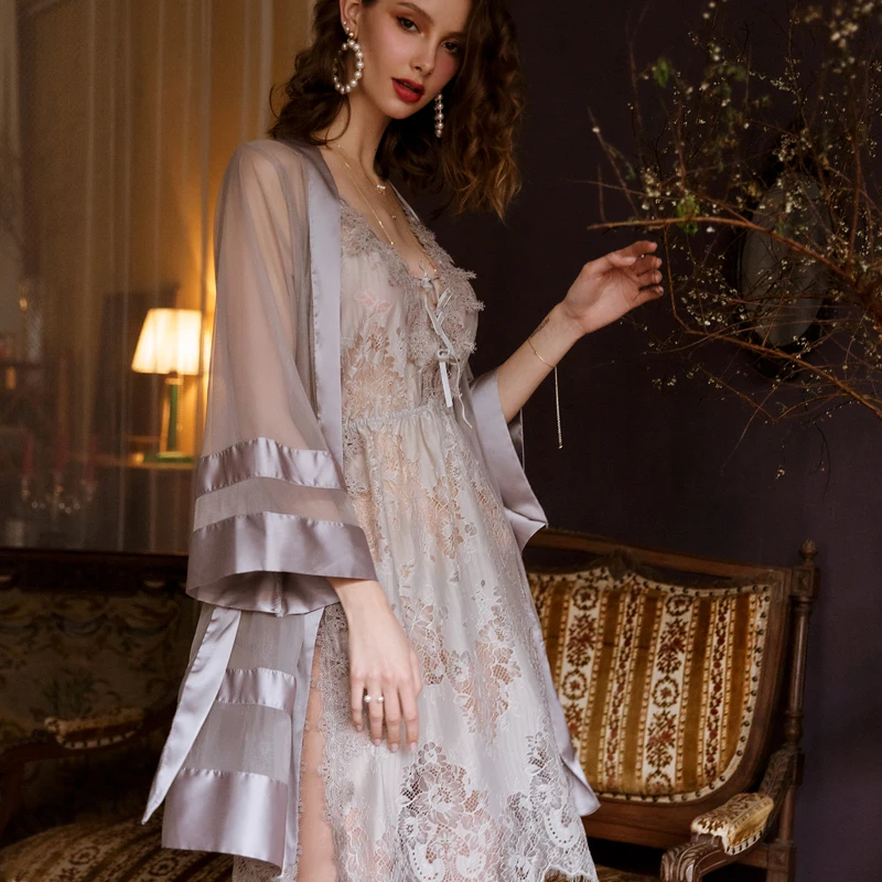 Temptation Mesh Satin Kimono Robe Grey Sexy Nightgown Bathrobe Morning Wedding Robes Transparent Sexy Lingerie Underwear