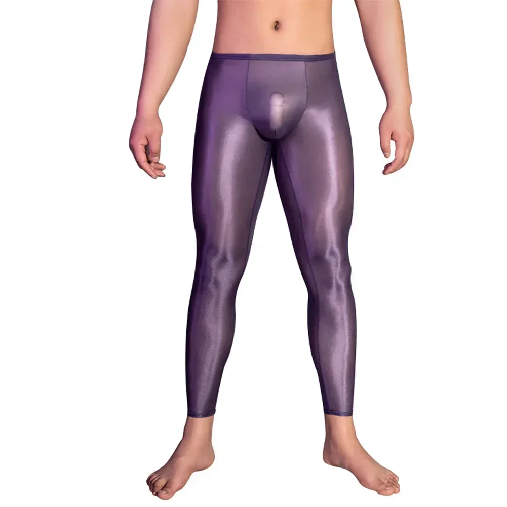 Mens Ultra Thin Oily Shiny Slim Fit Leggings Transparent Underwear Long Pants Skinny Trousers Bottomed Smooth Erotic Male Pants