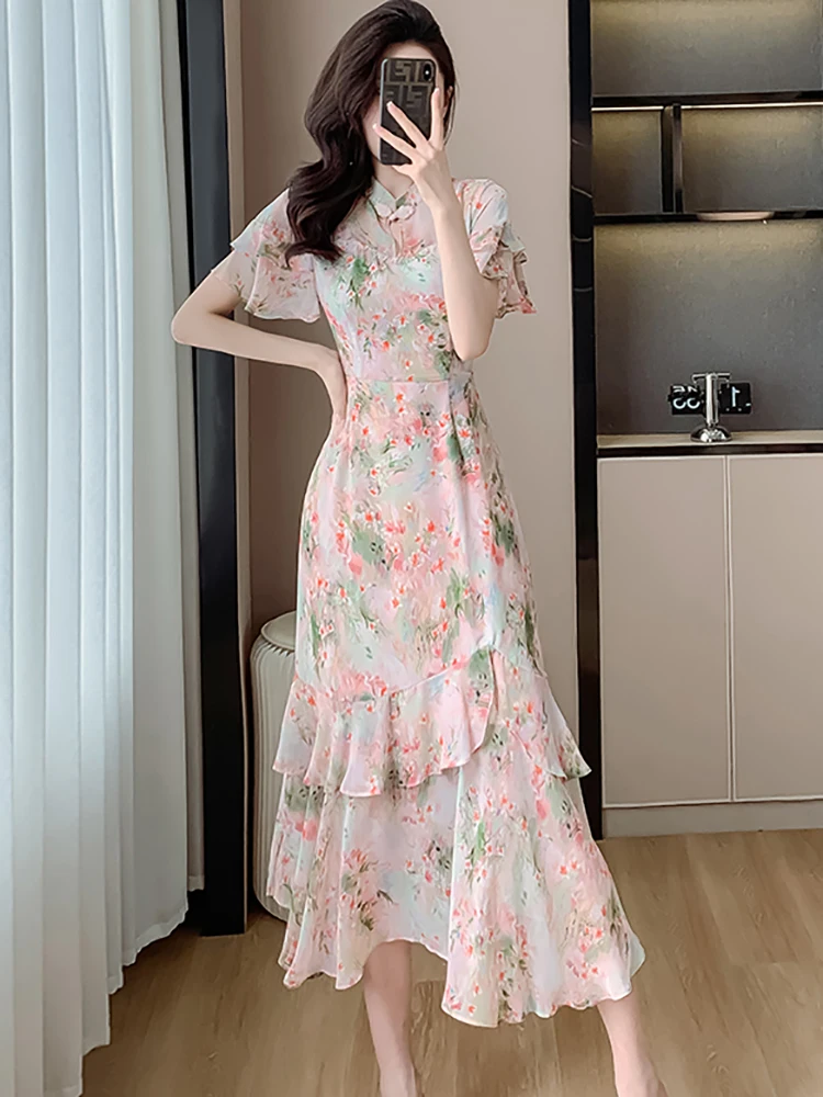 

Женское длинное платье с цветочным принтом, летнее облегающее платье с расклешенным рукавом в стиле бохо, одежда для выпускного вечера, корейское винтажное элегантное вечернее платье, 2024