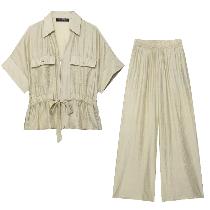 Wide Leg Pant Set 2 Pieces Sets For Women Outfits 2025 New Fashion Short Sleeve Shirt Women's Suit Casual Two Pieces Set